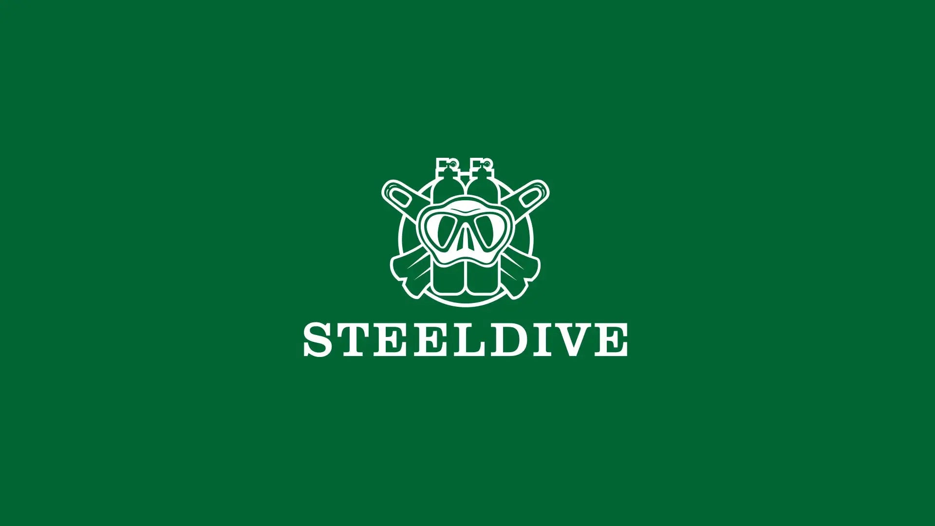 STEELDIVE brand logo on a solid green background featuring a white dive mask with tanks and the STEELDIVE wordmark