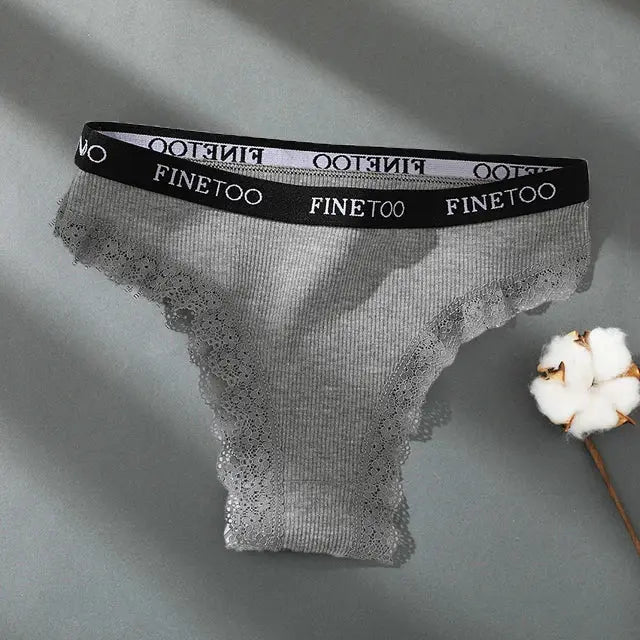 Women's gray cotton lace panties with Finetoo waistband, lace-trimmed bikini briefs