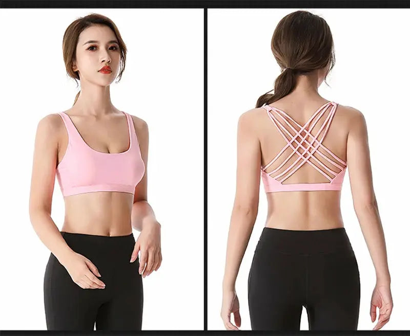 Pink women's fitness sports bra shown from front and back with cross-back straps; push-up, shockproof for running