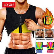 Men's waist trainer sauna vest body shaper with black exterior, yellow inner belt and front zipper; CXZD logo