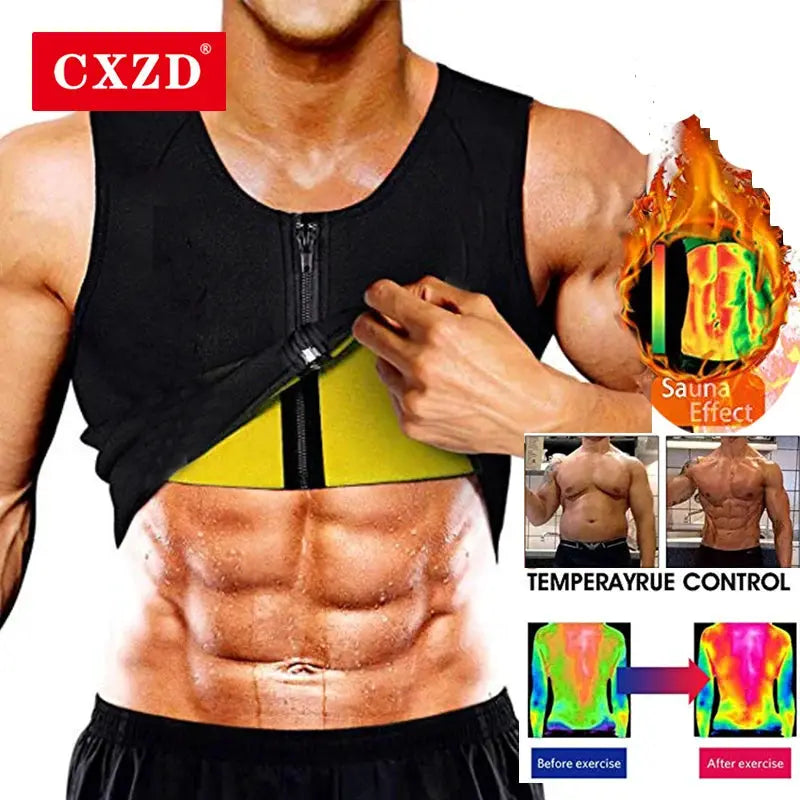 Men's waist trainer sauna vest body shaper with black exterior, yellow inner belt and front zipper; CXZD logo