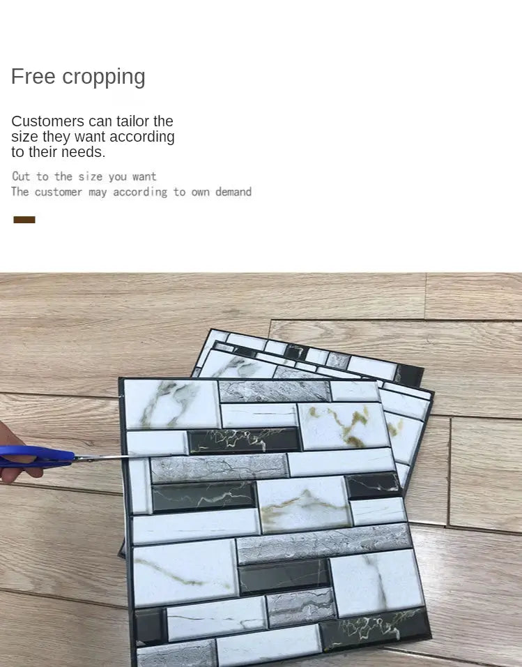Self-adhesive tile wall sticker sheets in white-gray brick pattern, 5/10-piece set, being cut with scissors.