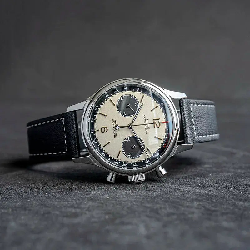 Pilot chronograph watch with cream Panda dial, black subdials, stainless steel case and black leather strap