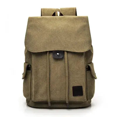 Olive green canvas backpack with top flap, front pockets and side pockets.