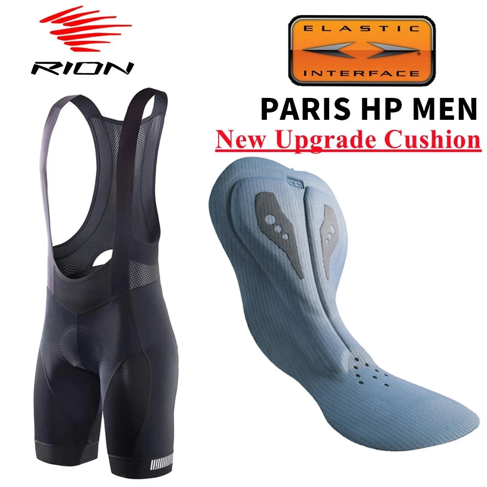 RION 2-piece men's cycling bib shorts with Elastic Interface cushion; black with mesh panels and blue pad.