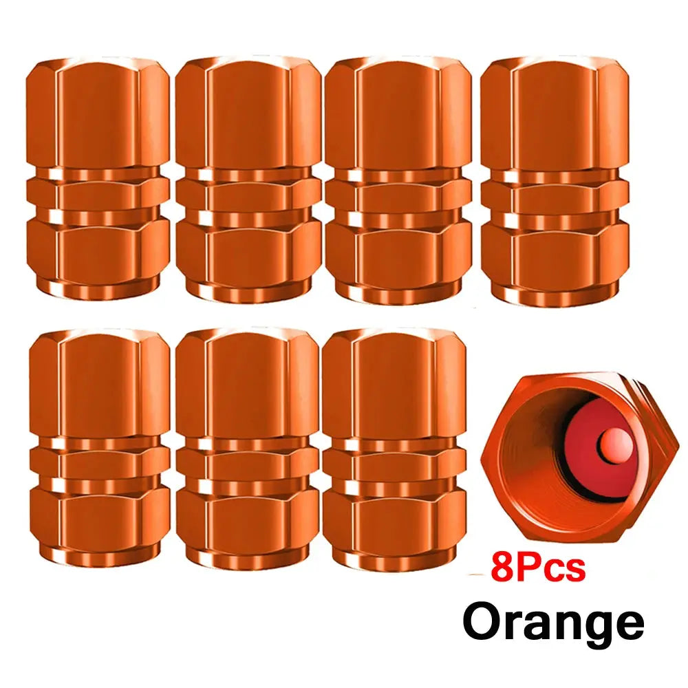 Orange aluminum alloy tire valve caps, 8-piece set for cars, motorcycles, trucks