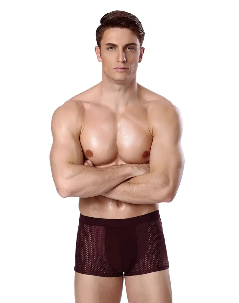 Men's burgundy bamboo-fiber boxer briefs with breathable mesh panels