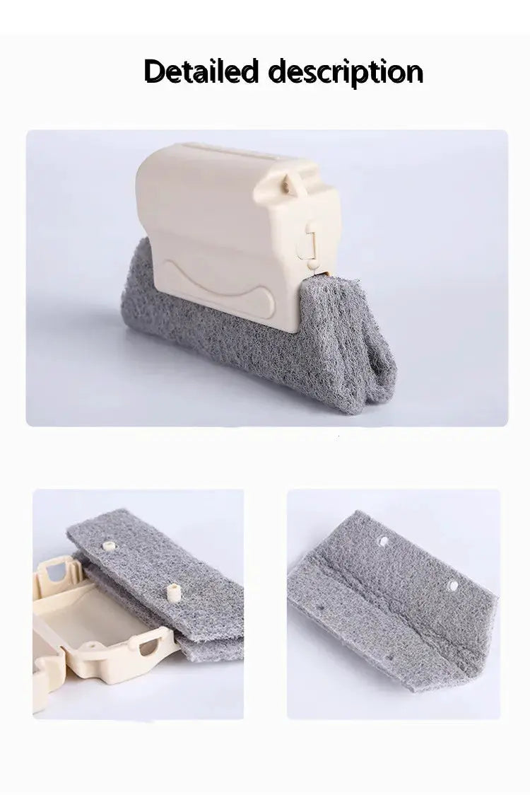Groove cleaning brush by Simples Market; beige plastic body with gray sponge for window slot cleaning
