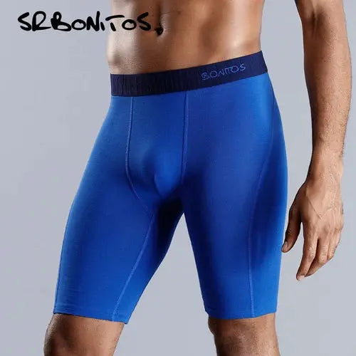 Men's blue cotton long-leg boxer briefs with dark waistband