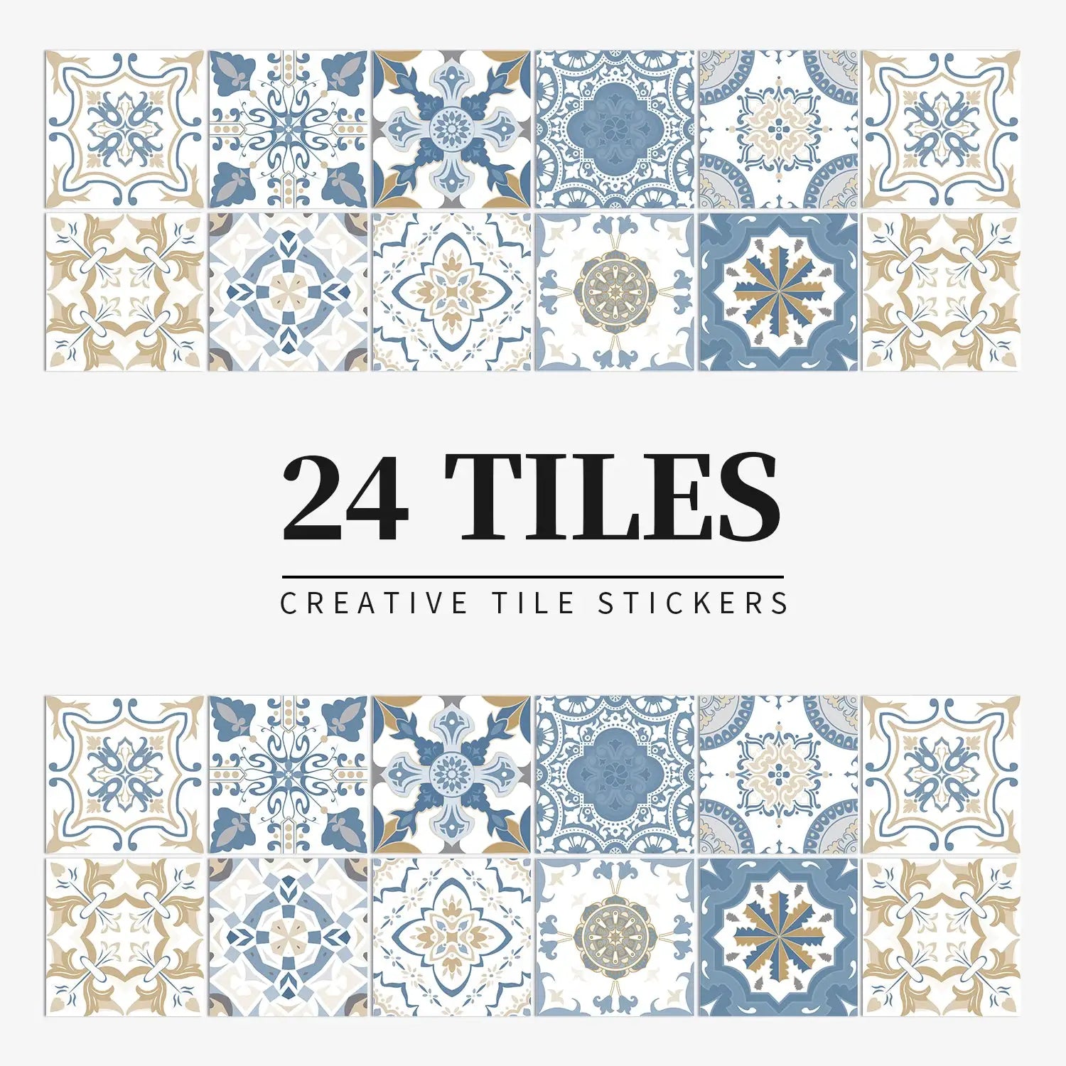 24-tile blue and beige wall sticker set; self-adhesive, waterproof decals for kitchen and bathroom