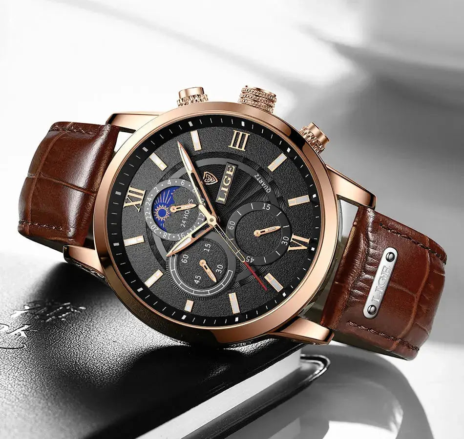 LIGE men's luxury watch with brown leather strap, rose-gold case, black dial and subdials.