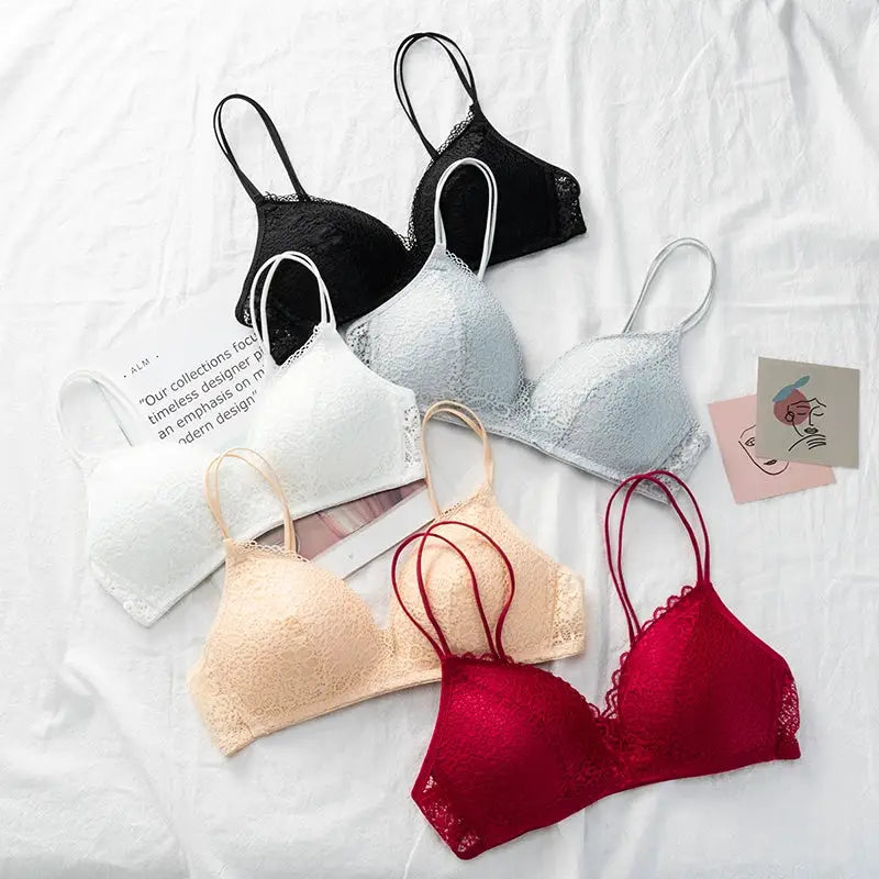 Six lace bralettes in black, white, light blue, ivory, peach, and red; wireless floral lingerie set.