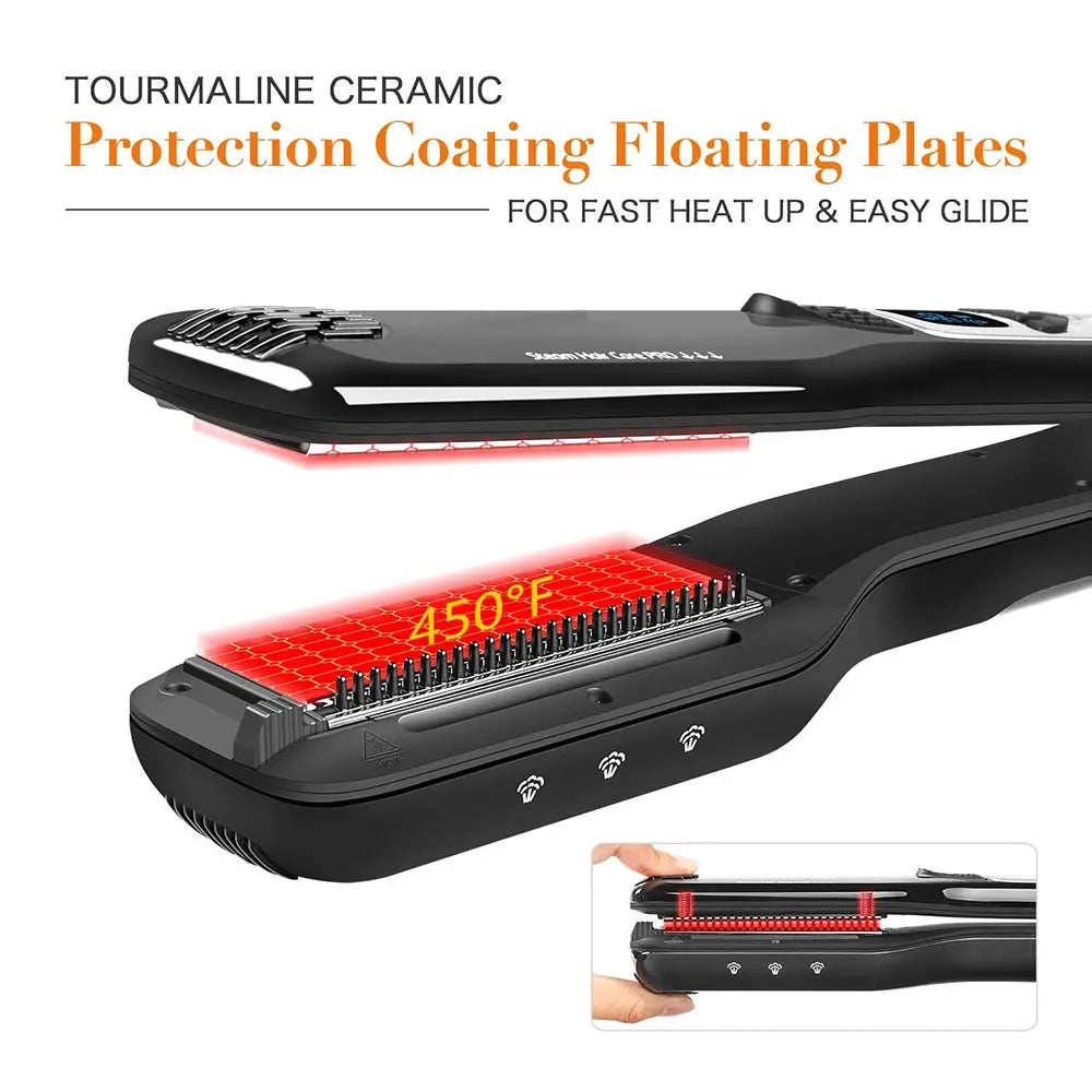 Simples Market hair straightener steam flat iron with tourmaline ceramic floating plates, black with red heat.