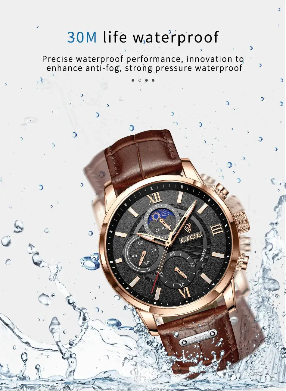 LIGE men's watch with rose-gold case, brown leather strap, black dial and chronograph subdials, 30M water resistant
