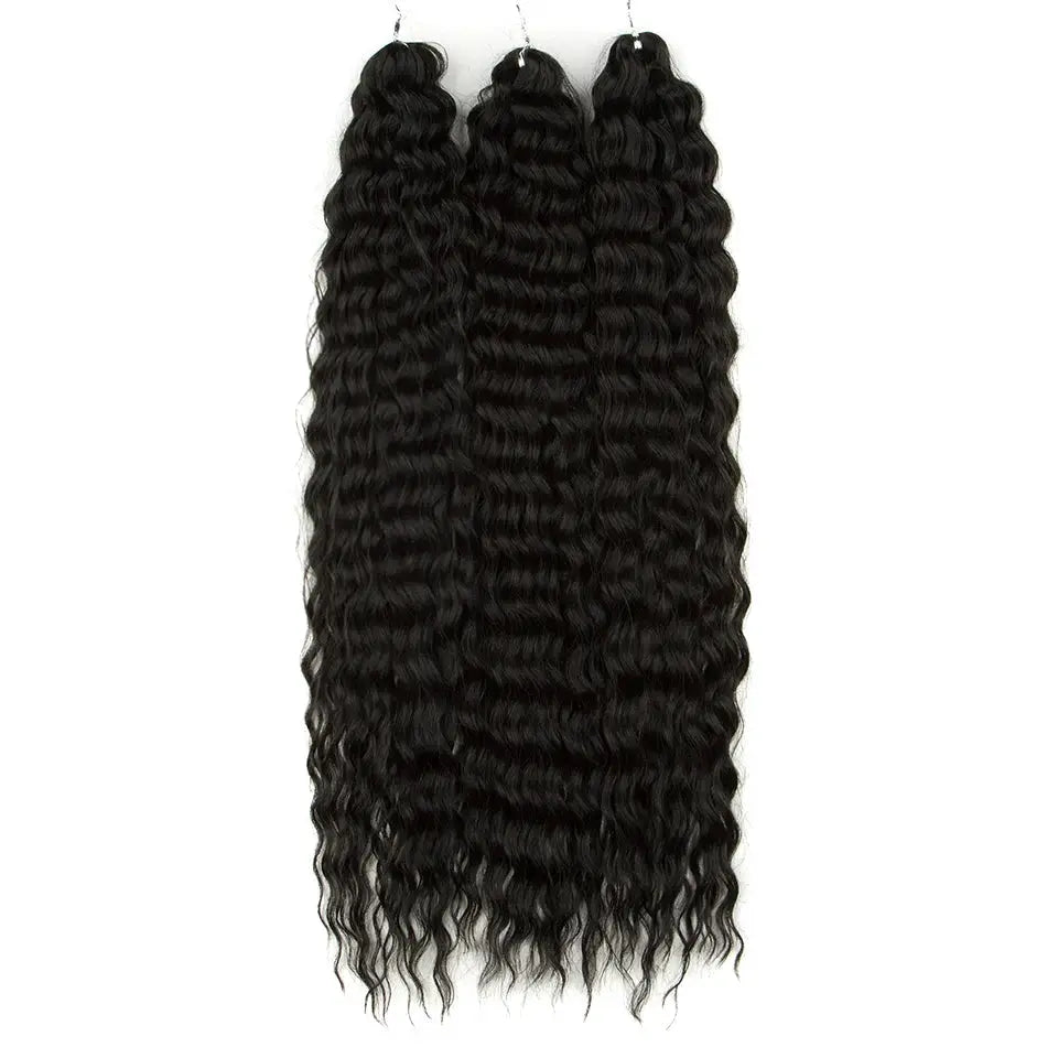 Ariel Curl water-wave crochet synthetic braid hair extensions; 3 black deep-wave bundles, 22 inches