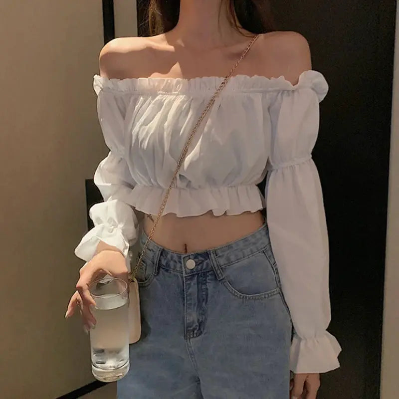 Women Off Shoulder Blouse Long Sleeve White Top With Puff Sleeves Ruffle Tunic Crop Summer Tube Top