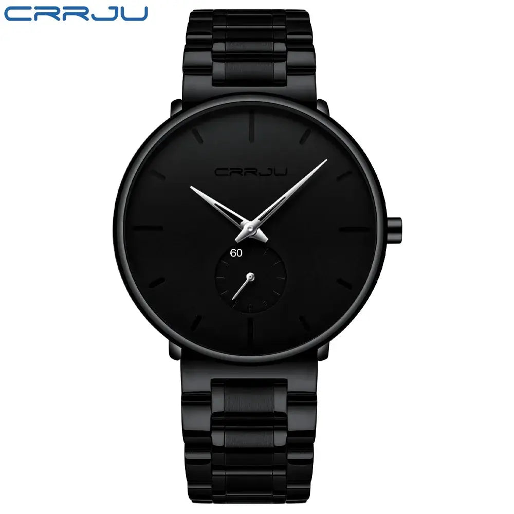 CRRJU men's black stainless steel wristwatch with minimalist dial and silver hands.