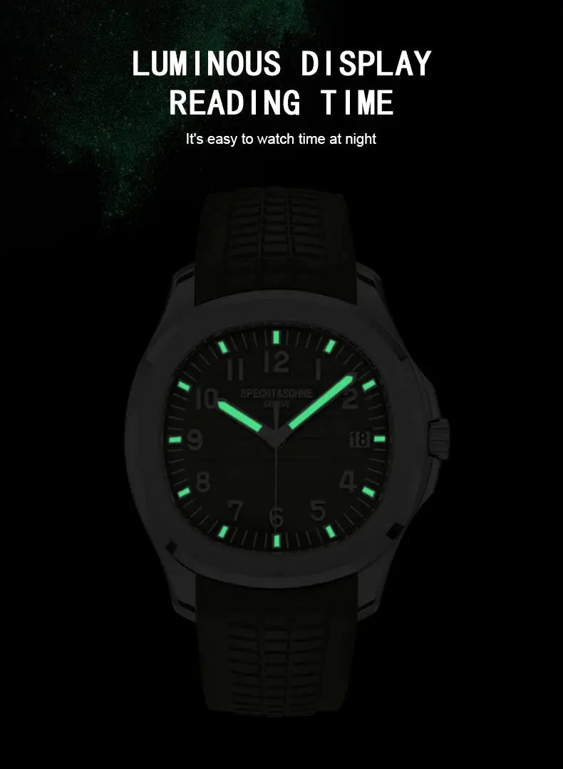 Specht&Sohne men's sports watch with green luminous hands and markers, black dial and strap, 50m water resistant