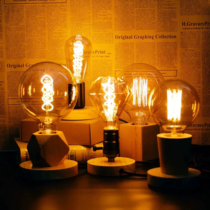 Modern retro wood table lamp set of five with E27 bulbs and warm amber glow