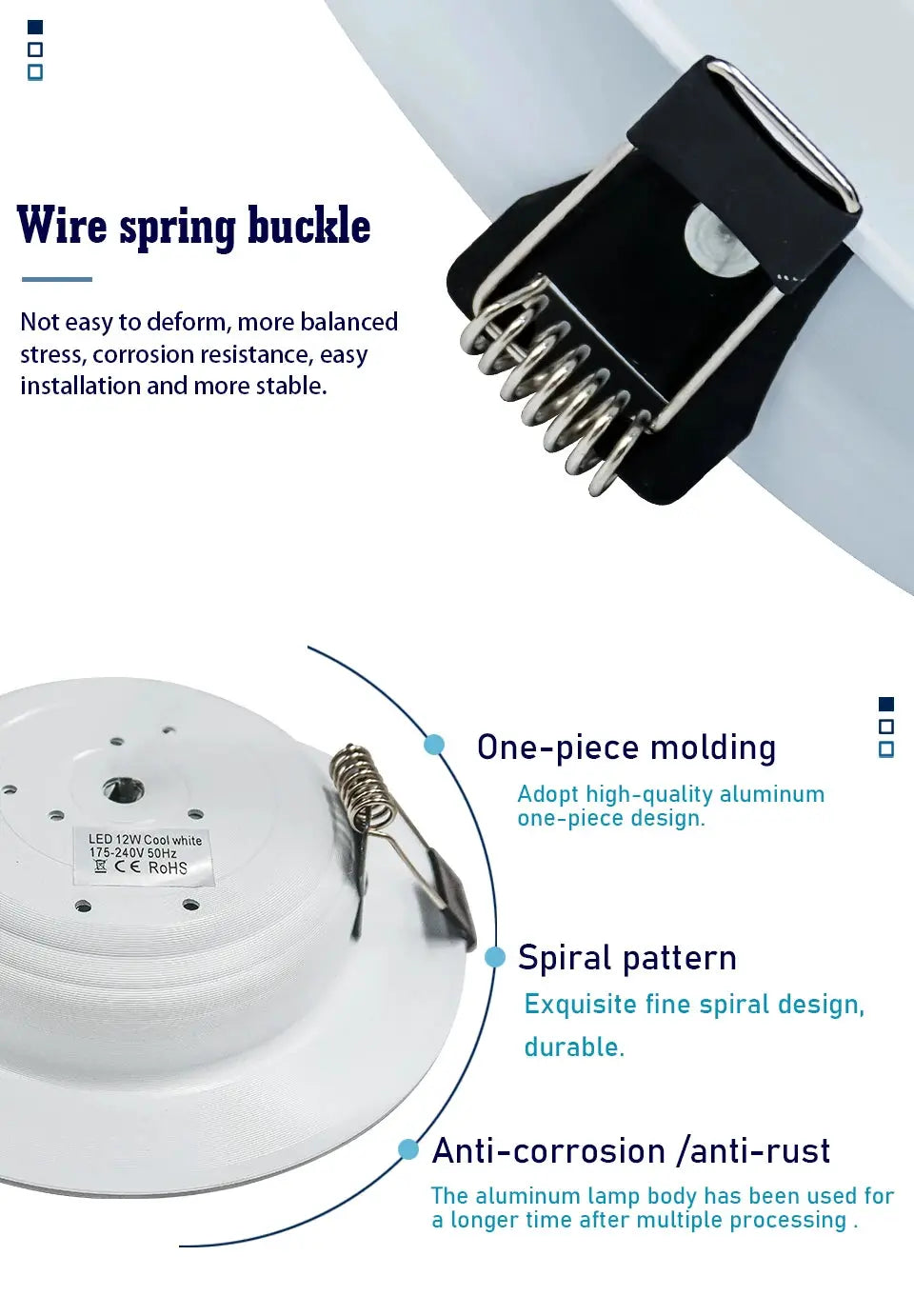 LED downlight by Simples Market with white aluminum body, one-piece molding and spiral mounting spring