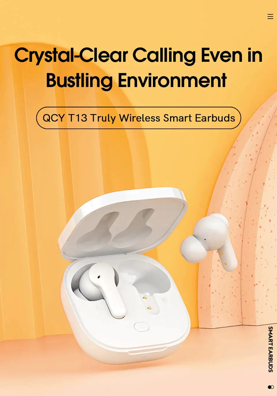 QCY T13 true wireless earbuds in white with open charging case (2 earbuds)