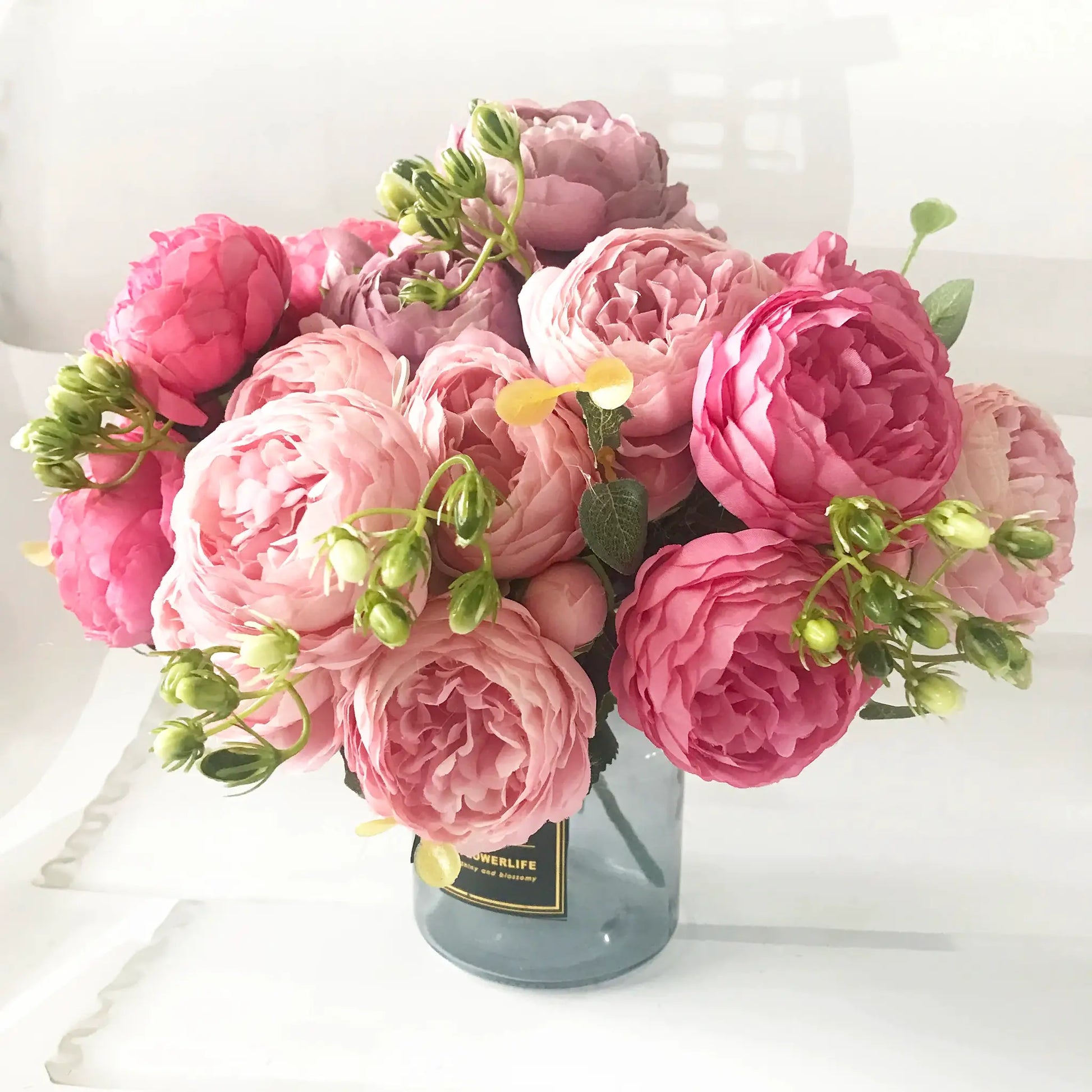 30cm rose-pink silk peony bouquet with 5 large heads and 4 buds in a grey vase, FlowerLife