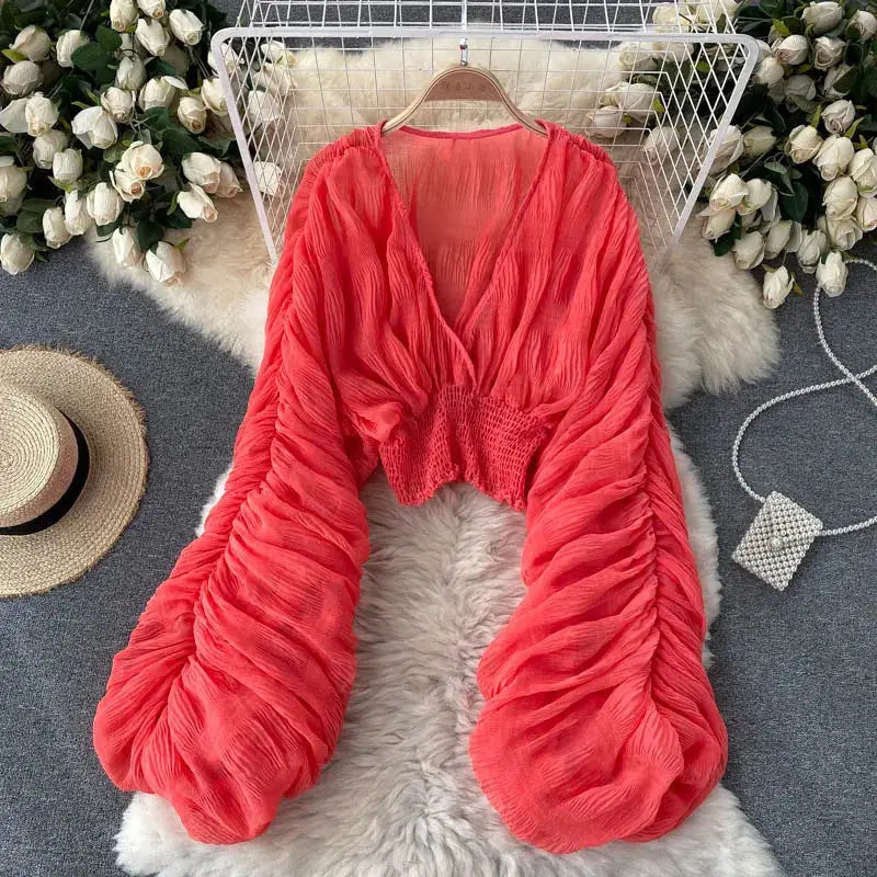 Simples Market red draped chiffon blouse for women with V-neck, ruched waist and puff long sleeves