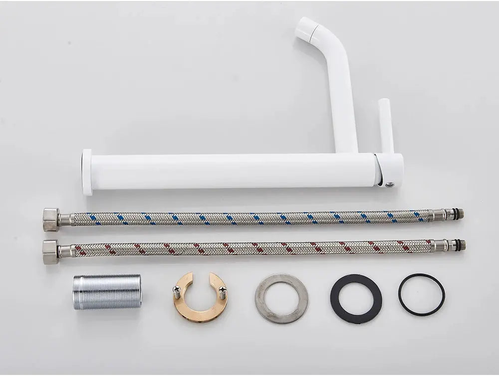 Simples Market white basin faucet for bathroom with twin braided supply hoses and mounting hardware