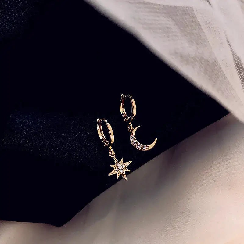 Fashion Classic Geometric Women Dangle Earrings by Simples Market, gold-tone with star and crescent moon charms (2 pcs)