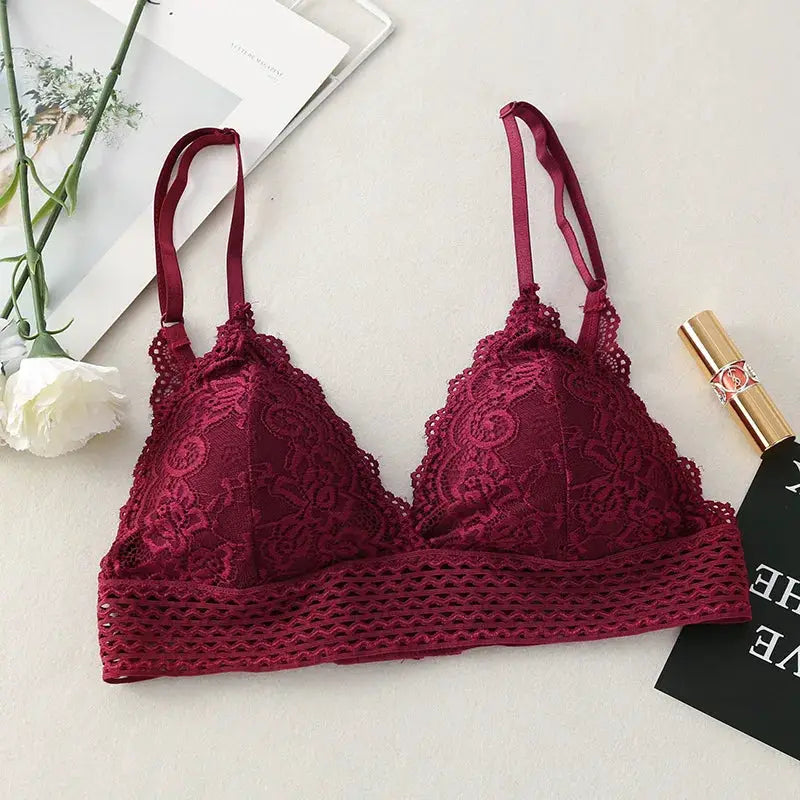 Simples Market burgundy floral lace bralette, non-wire padded with V-neck and crochet band.