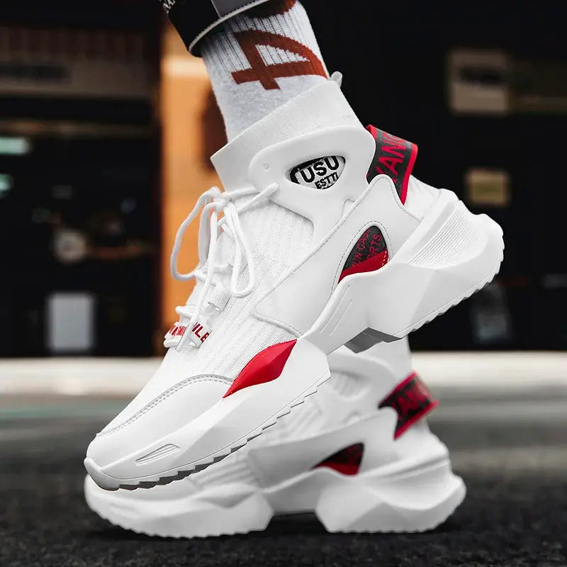 Simples Market men's white sneakers with breathable knit upper, red accents and chunky sole