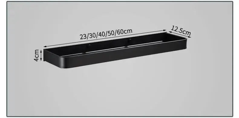 Black aluminum bathroom corner wall-mounted shelf; kitchen storage holder, available in 23–60 cm lengths.
