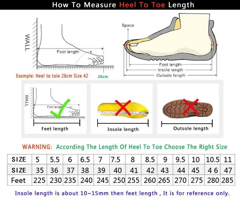 Men's genuine leather casual shoes; black slip-on loafers with heel-to-toe size guide infographic