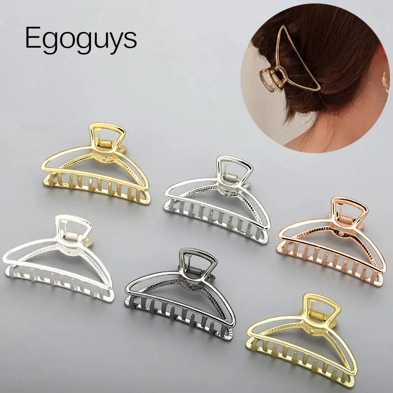 LuxeLocks Geometric Metal Hair Claw Clip With Strong Grip For Women And Girls Solid Color Korean Hairpins