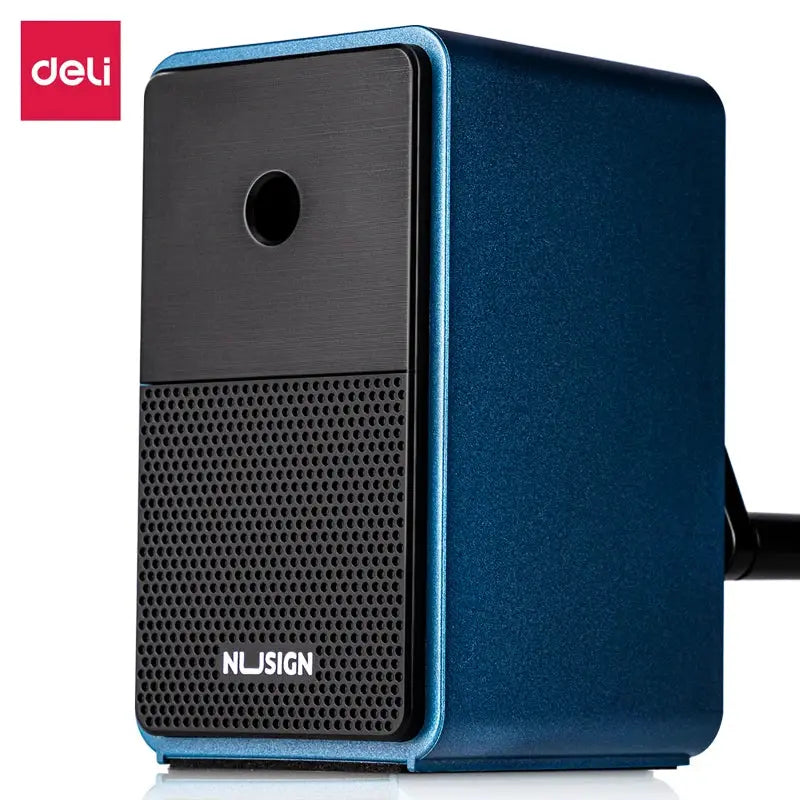DELI blue adjustable pencil sharpener with hand crank, tabletop design and long-lasting blade; Simples Market.