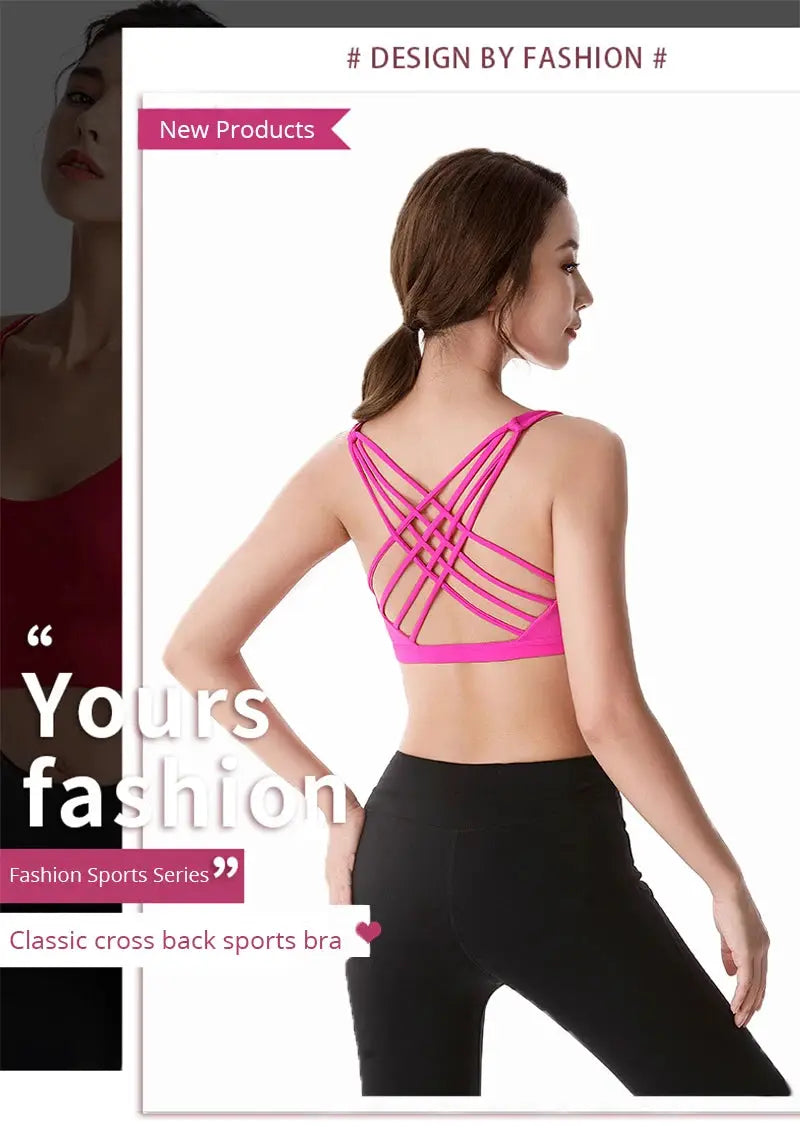 Pink cross-back fitness sports bra for women with crisscross straps, ideal for running and gym workouts