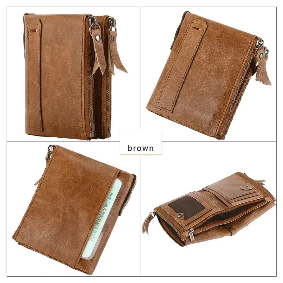 Men's brown leather wallet by Simples Market with zip compartments and card slots