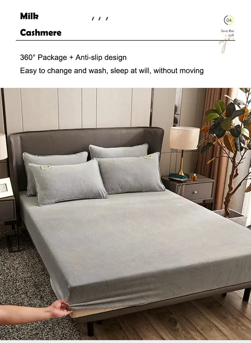 AISIRUI warm winter plush fitted sheet in gray on a double bed with matching gray pillows