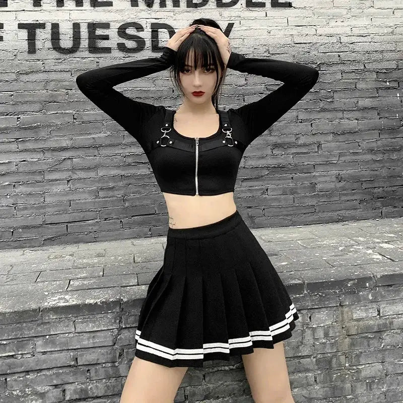 KawaiiGrove Vintage Korean Patchwork Skirt Harajuku Gothic Black Pleated High Waist Mini For Women
