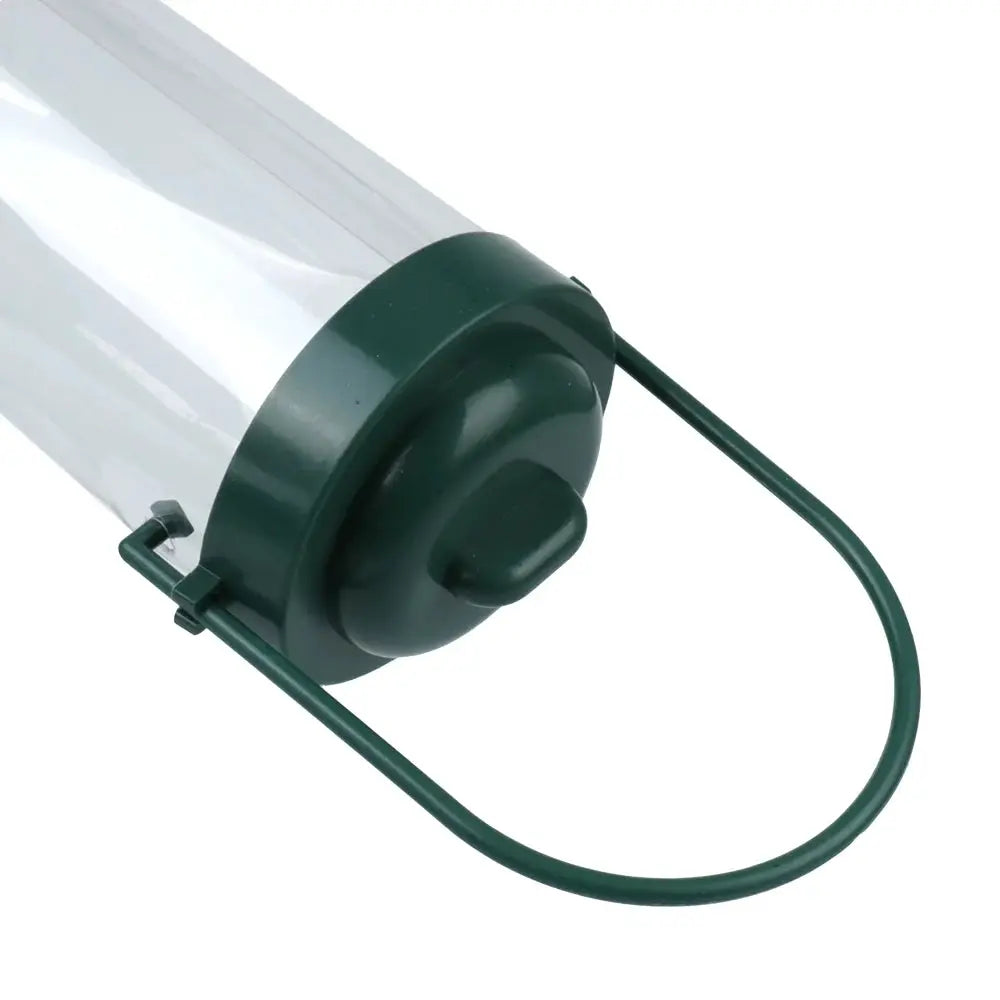 Hanging bird feeder with a clear plastic reservoir and green cap with hanger.