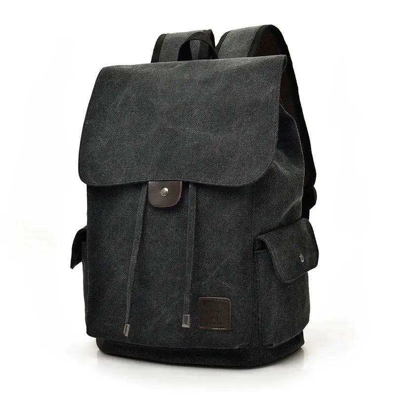 Simples Market canvas backpack, dark grey with brown leather accents, large school/rucksack bag