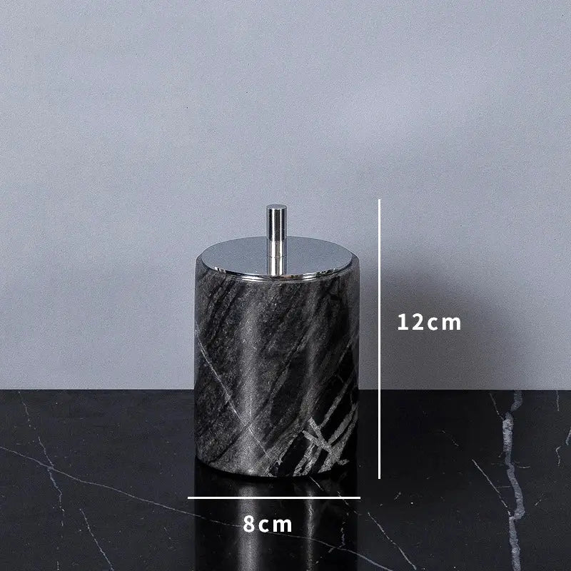 Soap dispenser in black marble wood-grain with chrome pump; 12 cm tall, 8 cm wide bathroom accessory
