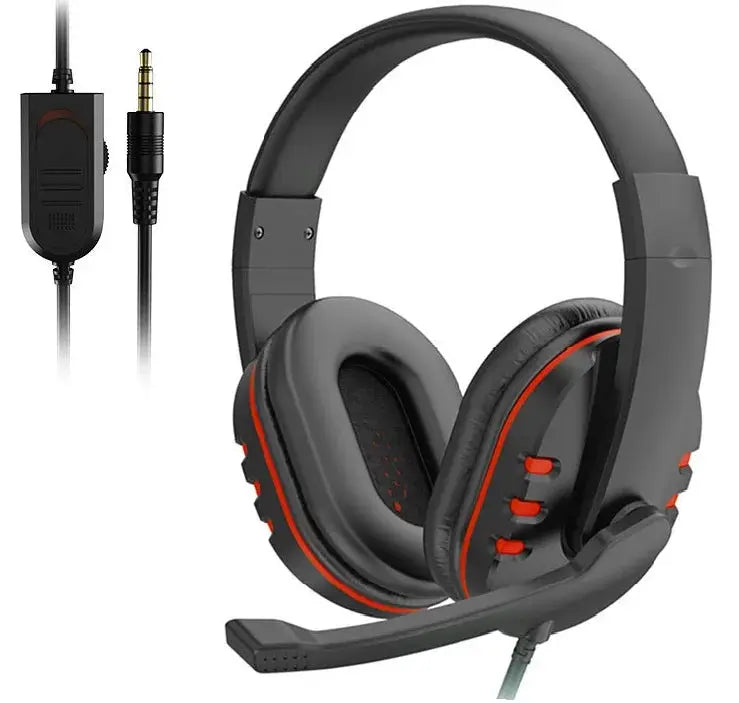 Headset by Simples Market, wired gaming headset with mic, black/gray with red trim, 3.5mm PS4/PC plug, inline adapter