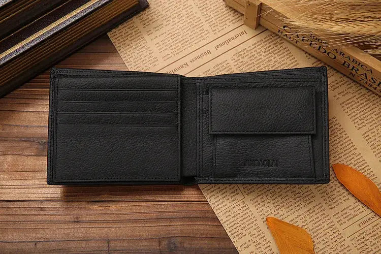 Classic short genuine leather men's wallet with card slots and coin pocket in black.