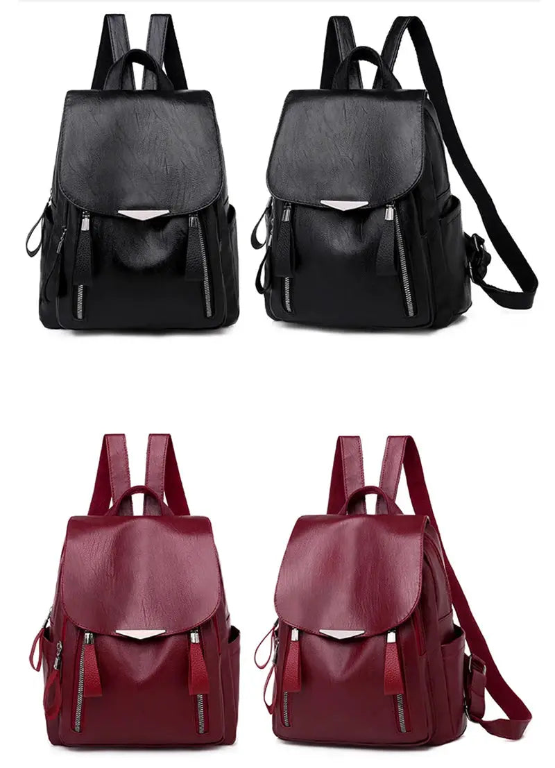 Yogodlns luxury backpack for women in soft PU leather; 2 black and 2 burgundy with double zippers, large capacity