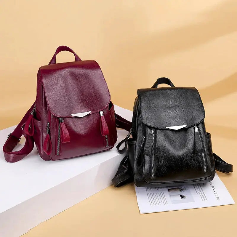 Yogodlns luxury PU leather backpack for women, burgundy and black, two backpacks with double zippers