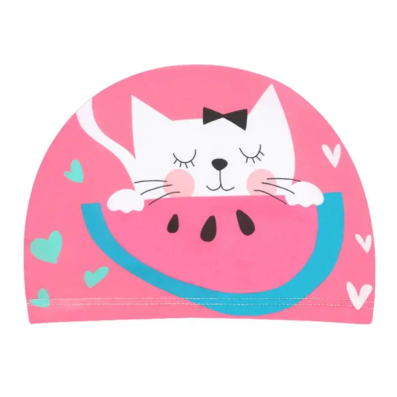 Kids Cartoon Swim Cap Elastic Fabric Pool Water Sports Ears Protection Hat Bathing Cap Boys Girls