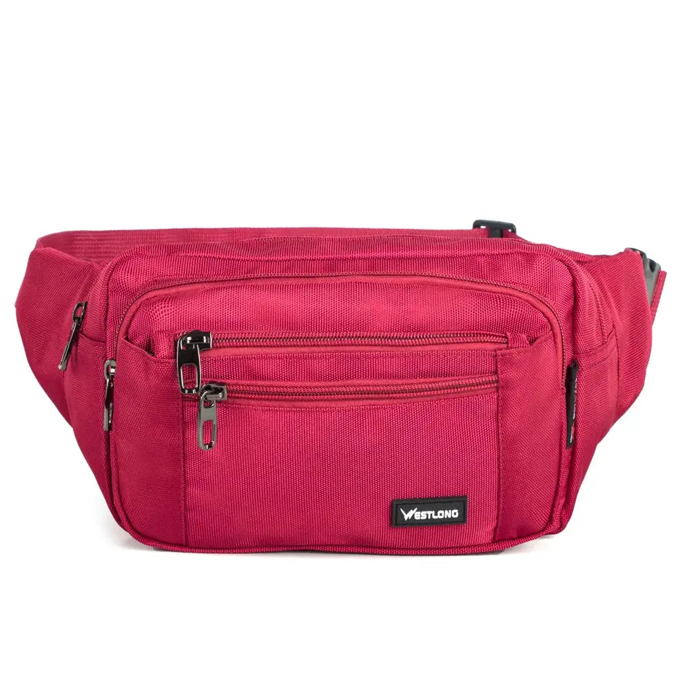 Westlong waist pack fanny bag in pink with multiple zip pockets and front logo patch