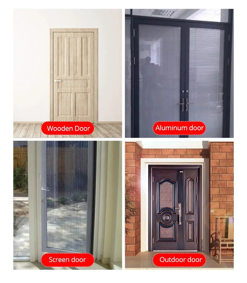 KAK automatic door closer hardware collage showing wooden, aluminum, screen, and outdoor doors by Simples Market