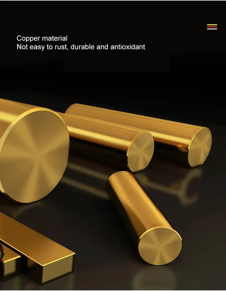 Bathroom faucet components in antique brass finish; multiple solid brass cylinders and rectangular blocks